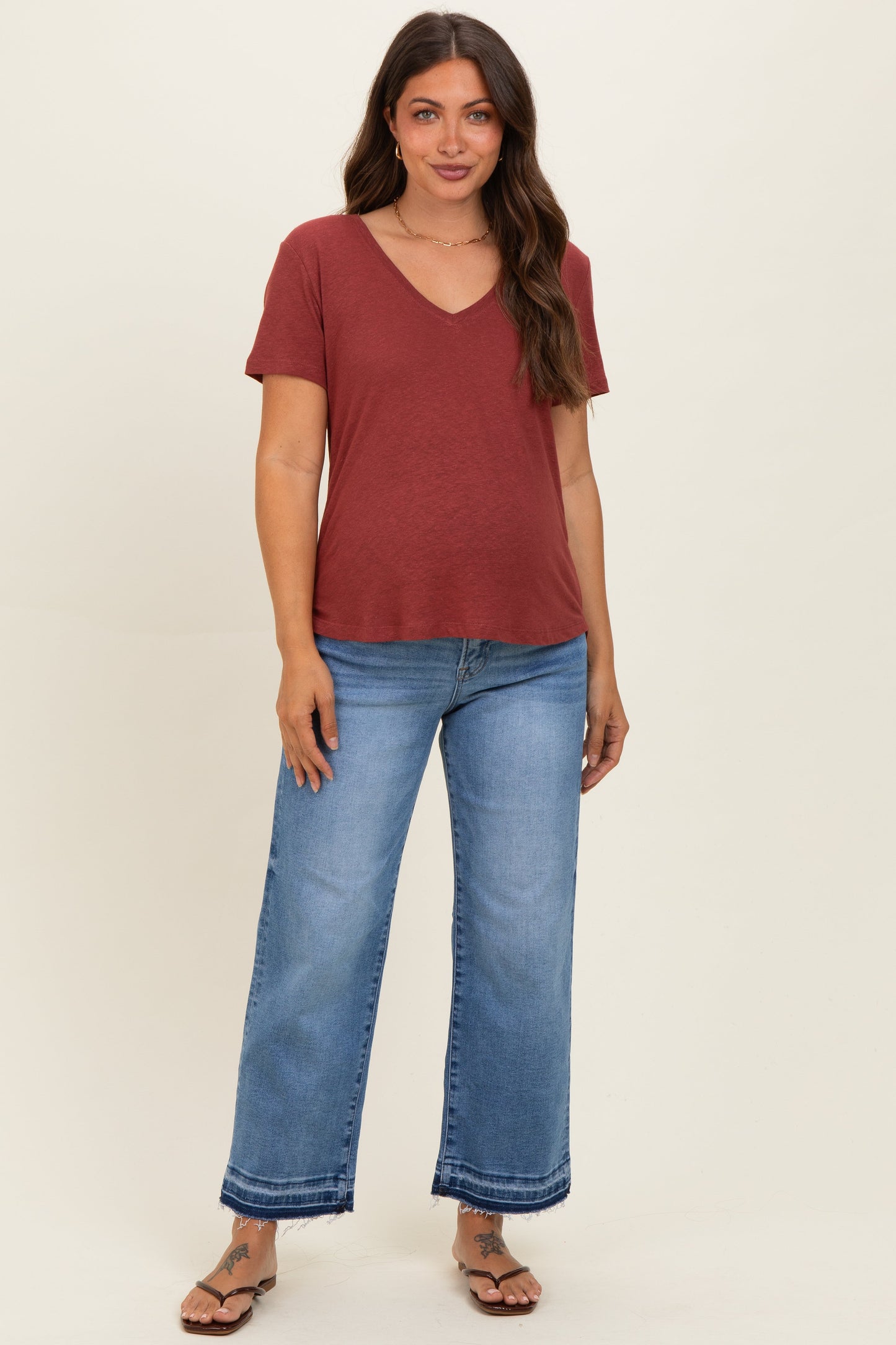Wine Linen Blend V-Neck Short Sleeve Maternity T-Shirt