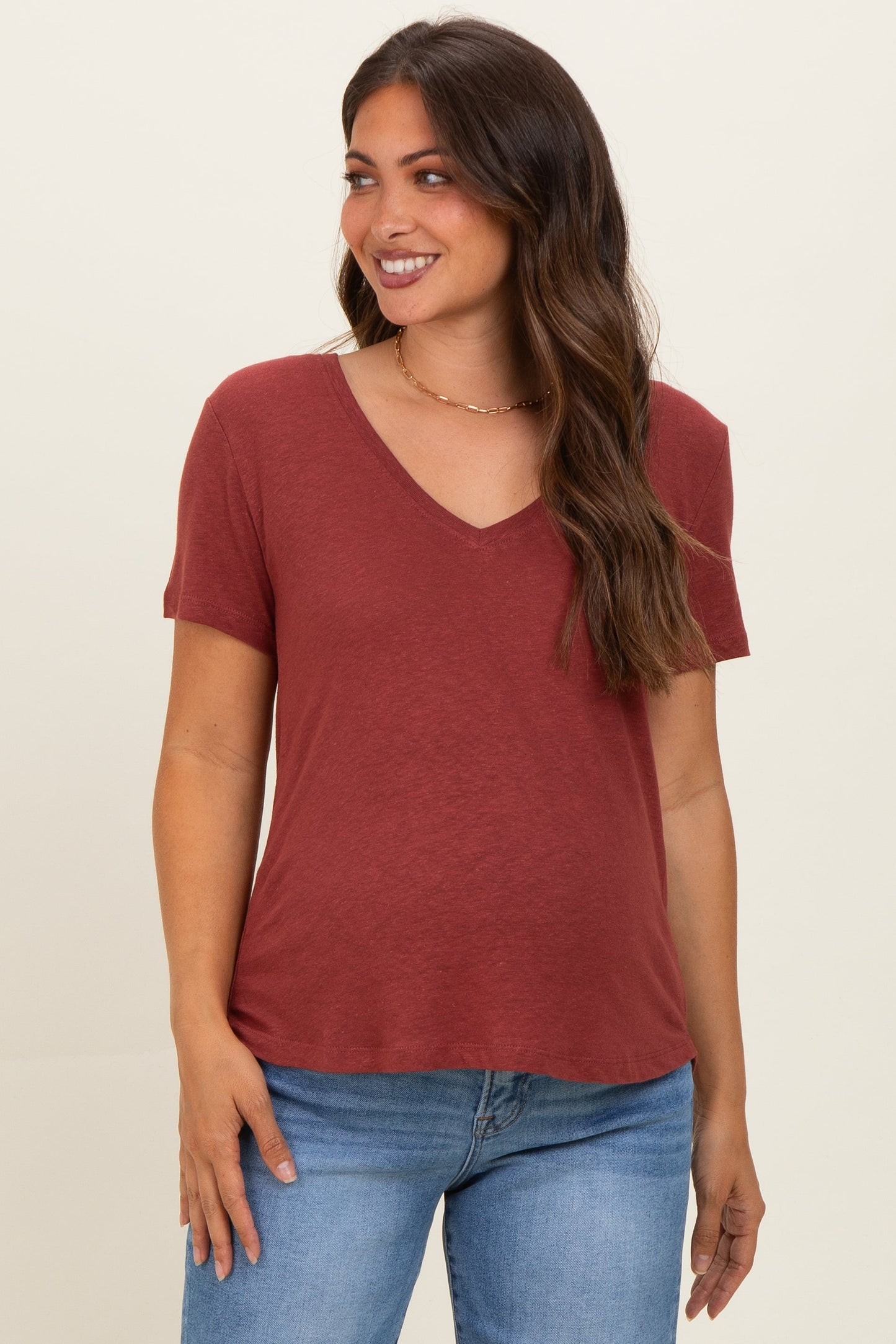Wine Linen Blend V-Neck Short Sleeve Maternity T-Shirt