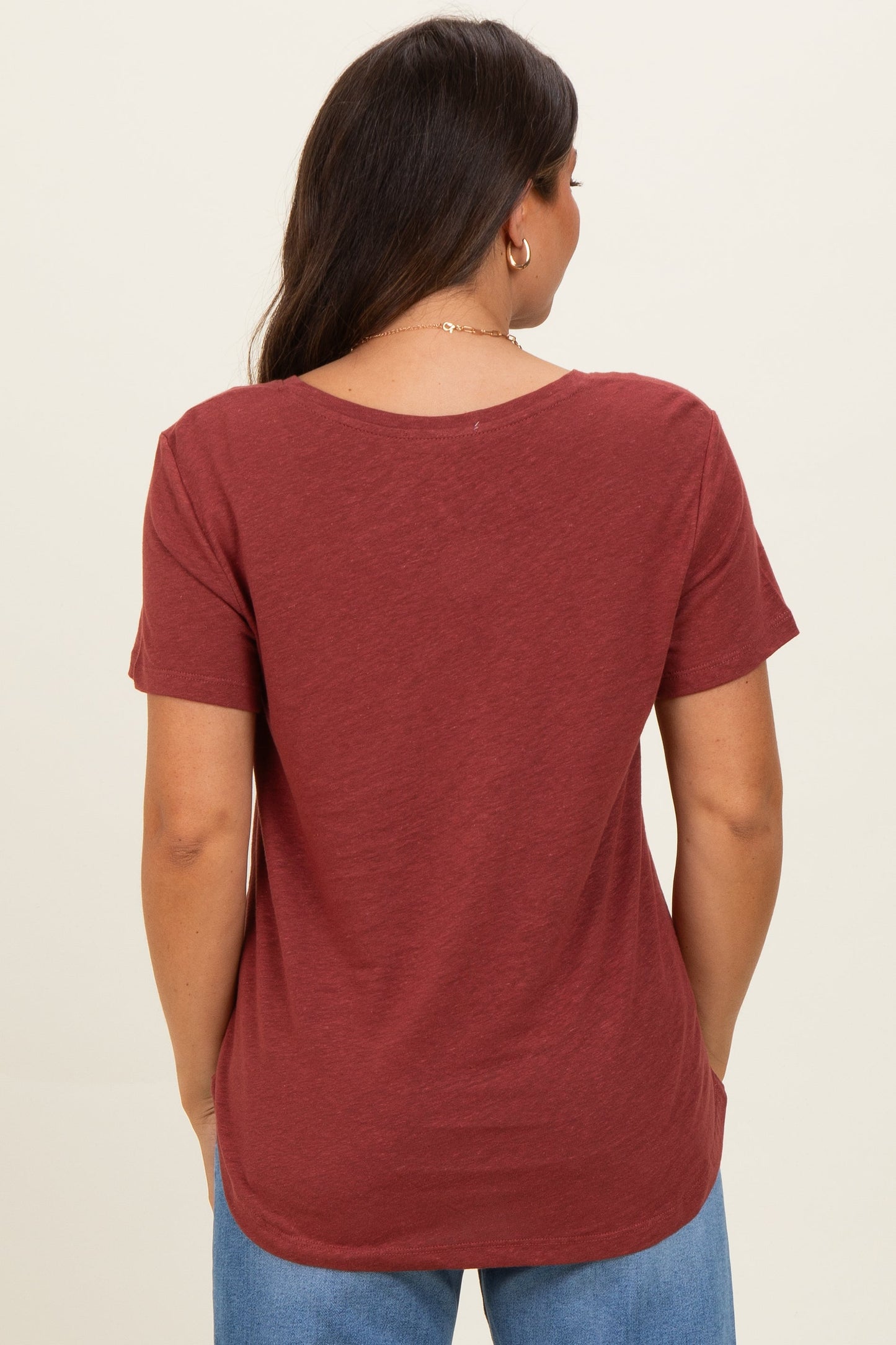 Wine Linen Blend V-Neck Short Sleeve Maternity T-Shirt