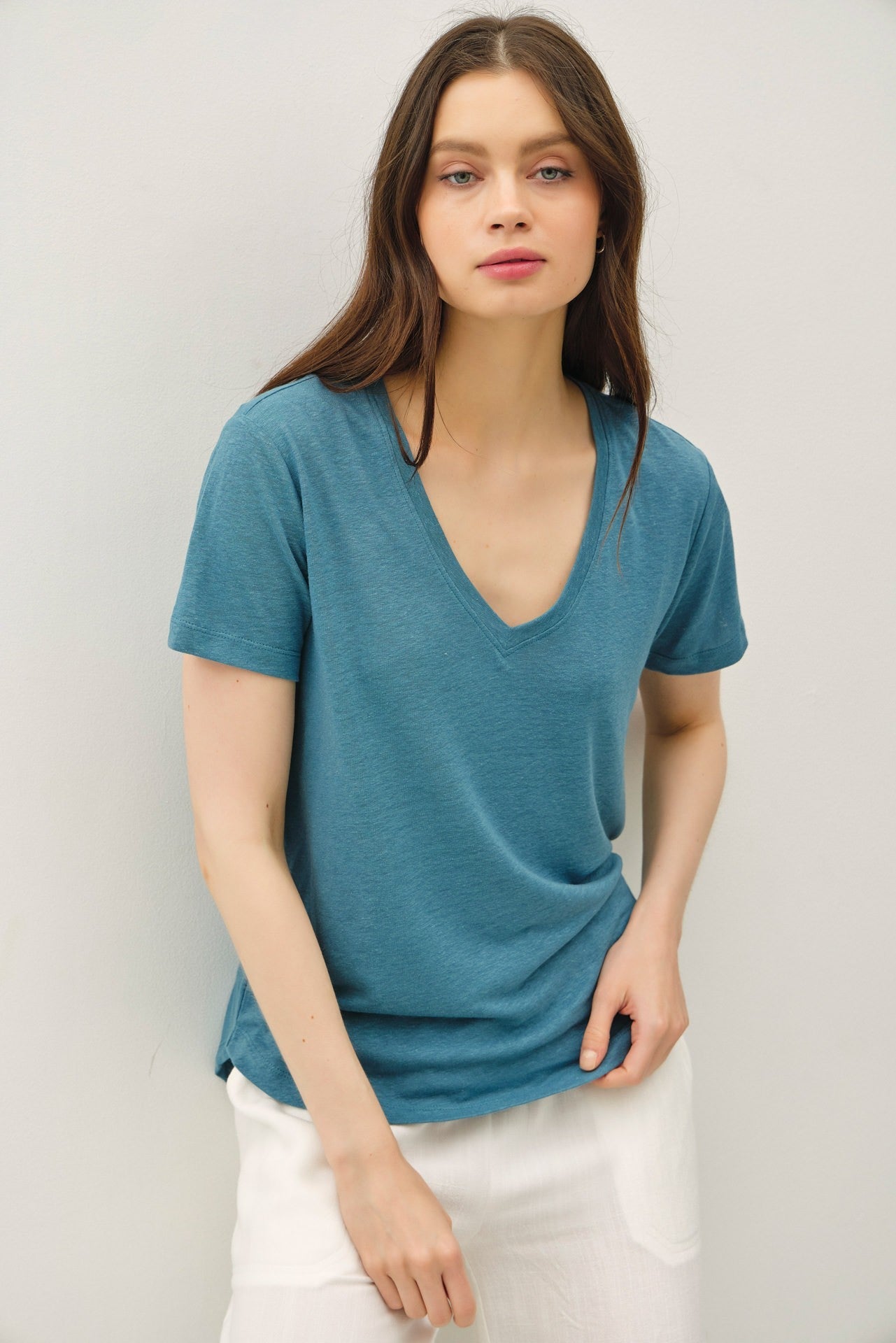 Teal Linen Blend V-Neck Short Sleeve Maternity T-Shirt