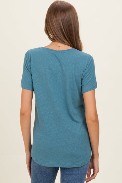 Teal Linen Blend V-Neck Short Sleeve Maternity T-Shirt