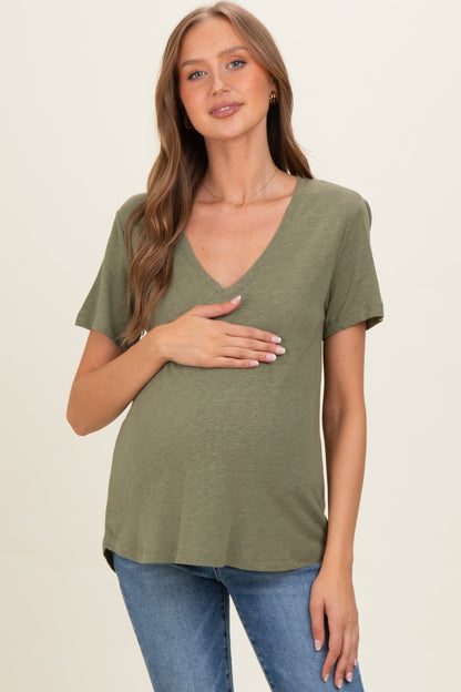 Fern Linen Blend V-Neck Short Sleeve Maternity T-Shirt