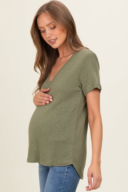 Fern Linen Blend V-Neck Short Sleeve Maternity T-Shirt