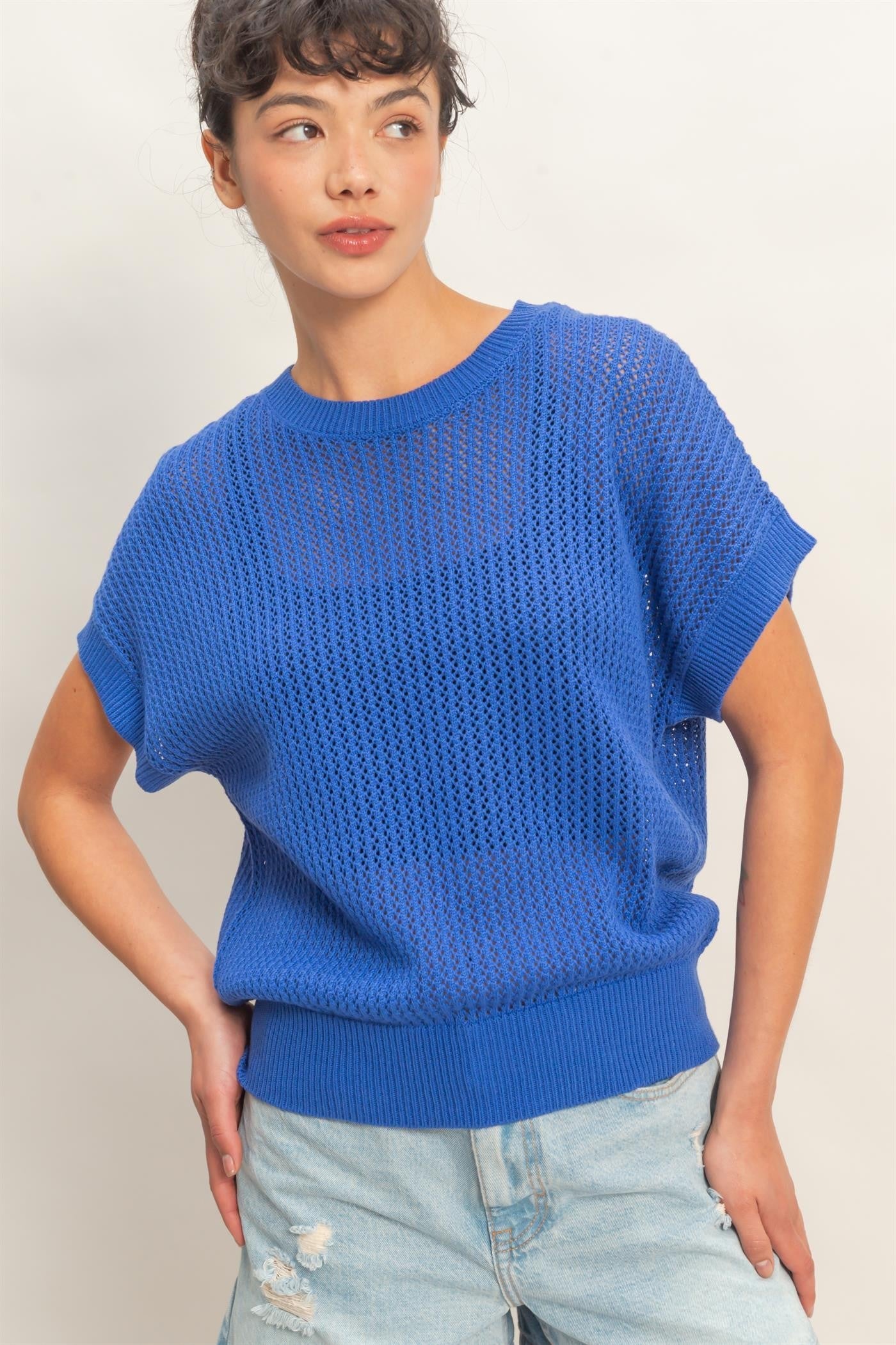 Blue Open-Knit Dolman Sleeve Maternity Top