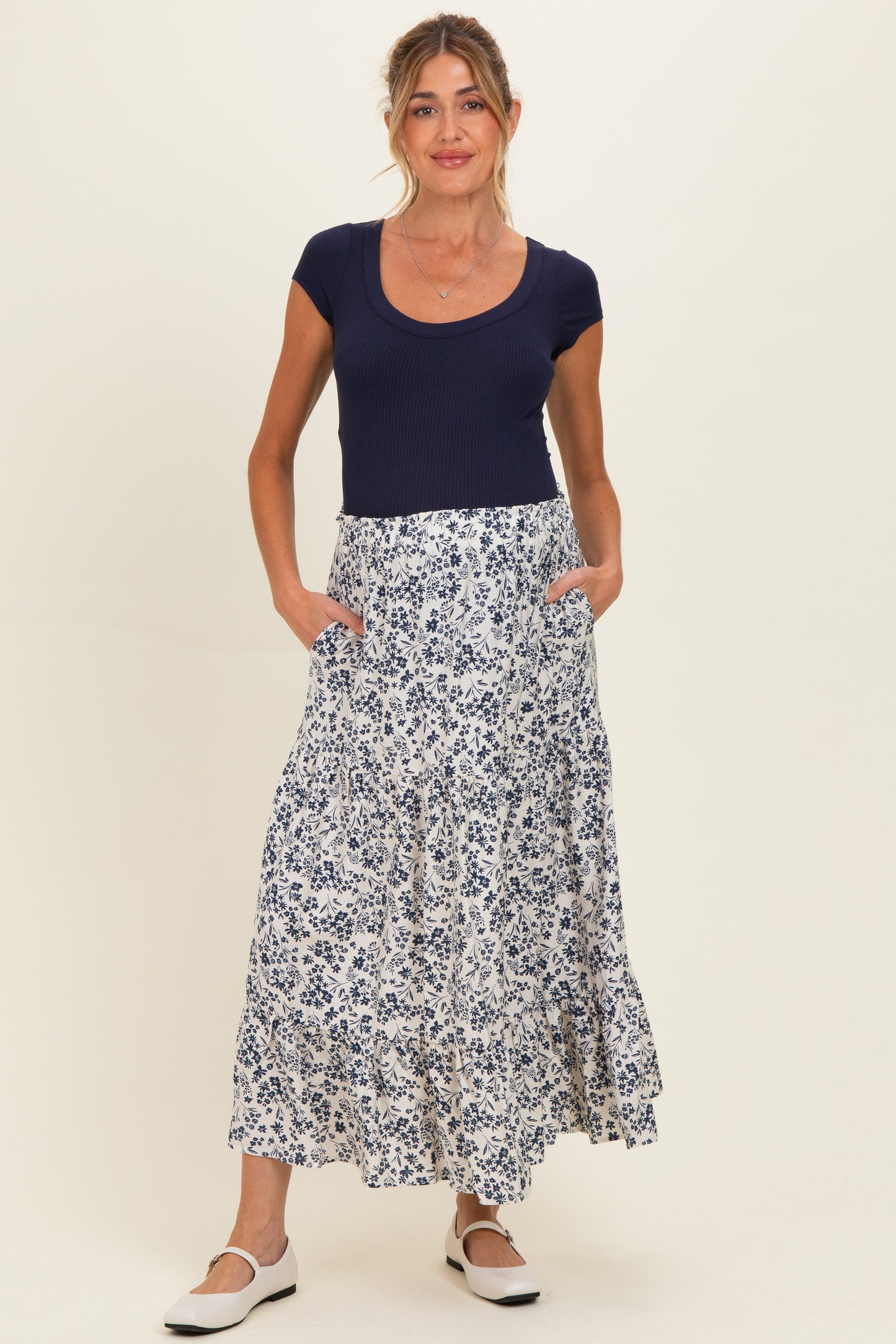 Cream Tiered Floral Print Maternity Maxi Skirt