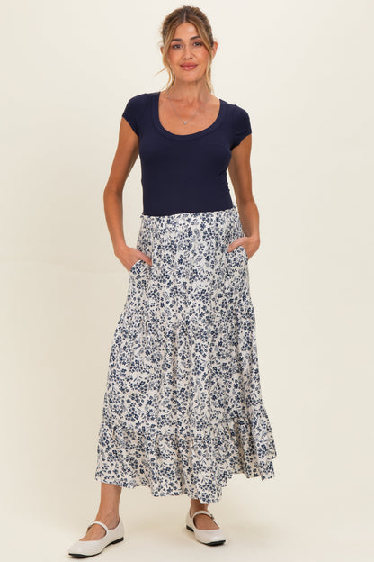 Cream Tiered Floral Print Maternity Maxi Skirt