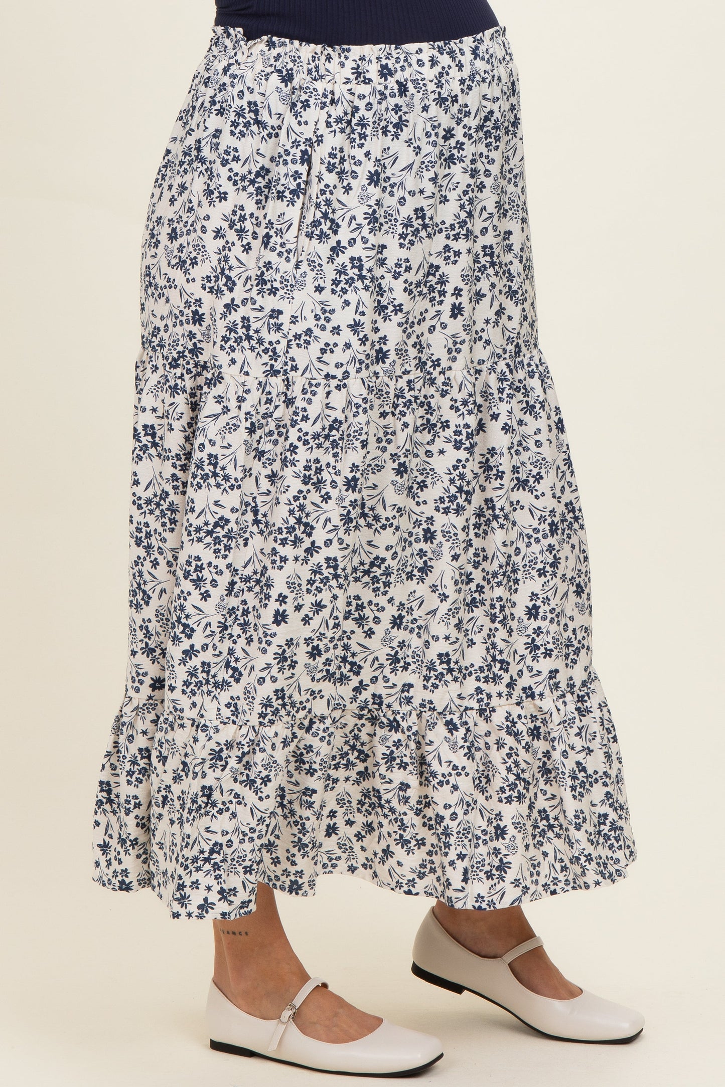 Cream Tiered Floral Print Maternity Maxi Skirt