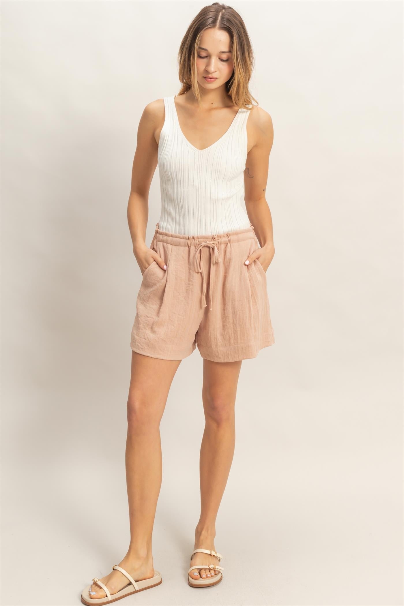 Peach Drawstring Pleated Maternity Shorts
