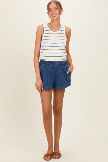 Dark Denim Elastic Waist Chambray Maternity Shorts