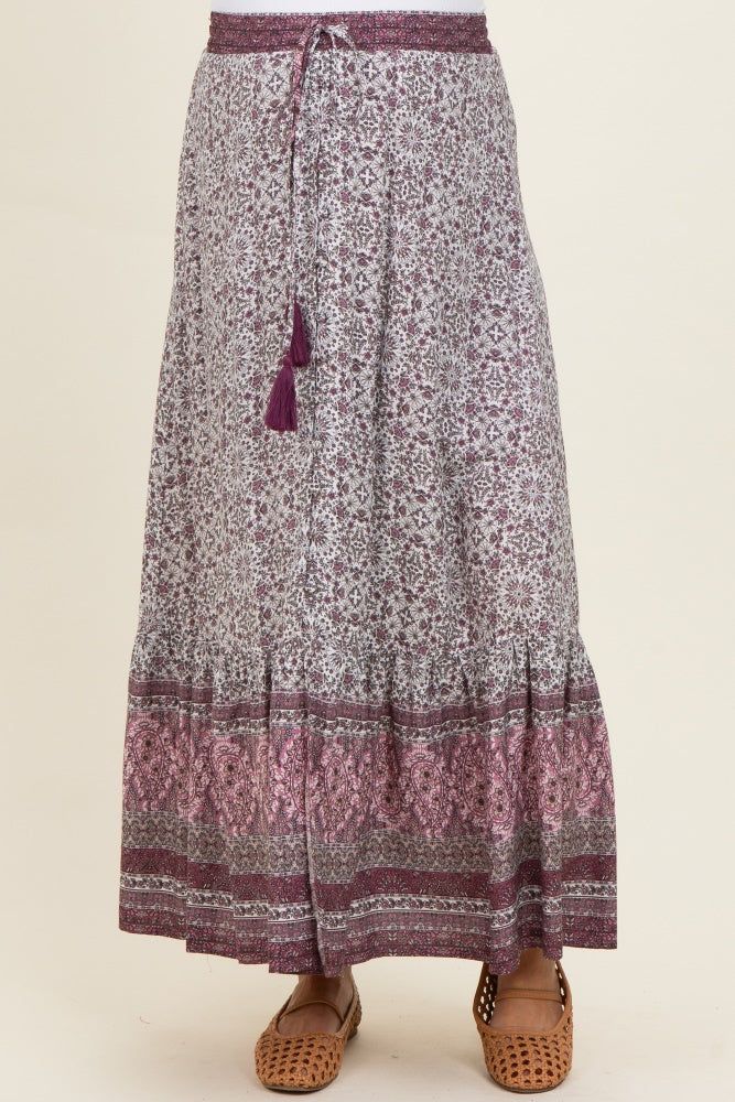 Rose Boho Print Drawstring Smocked Waist Maternity Maxi Skirt