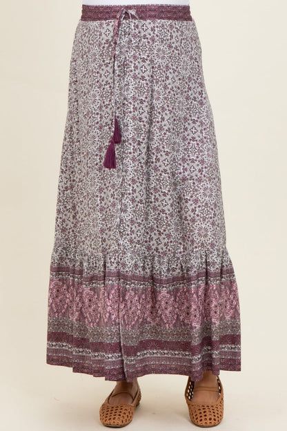 Rose Boho Print Drawstring Smocked Waist Maternity Maxi Skirt
