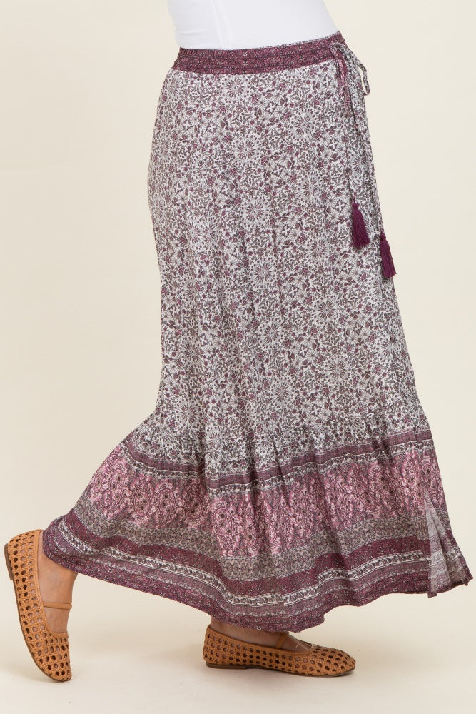 Rose Boho Print Drawstring Smocked Waist Maternity Maxi Skirt