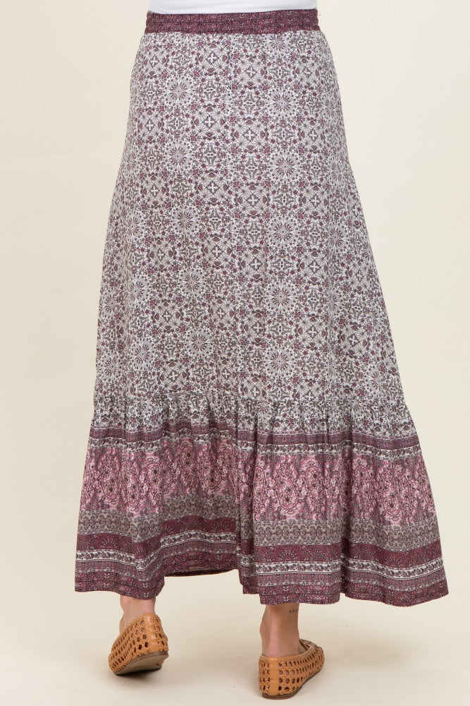 Rose Boho Print Drawstring Smocked Waist Maternity Maxi Skirt