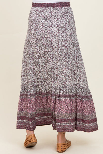 Rose Boho Print Drawstring Smocked Waist Maternity Maxi Skirt