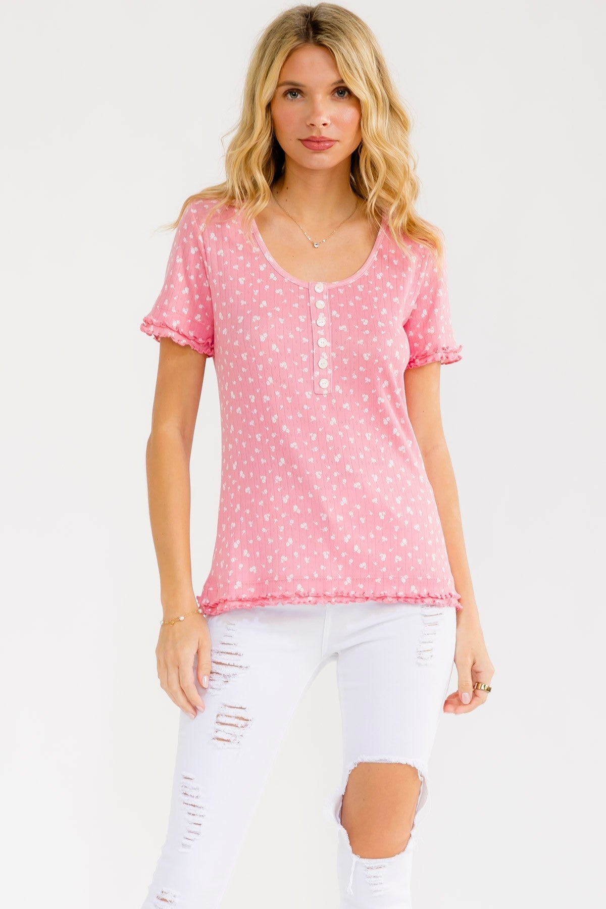 Pink Floral Ruffle Trim Maternity Henley Top