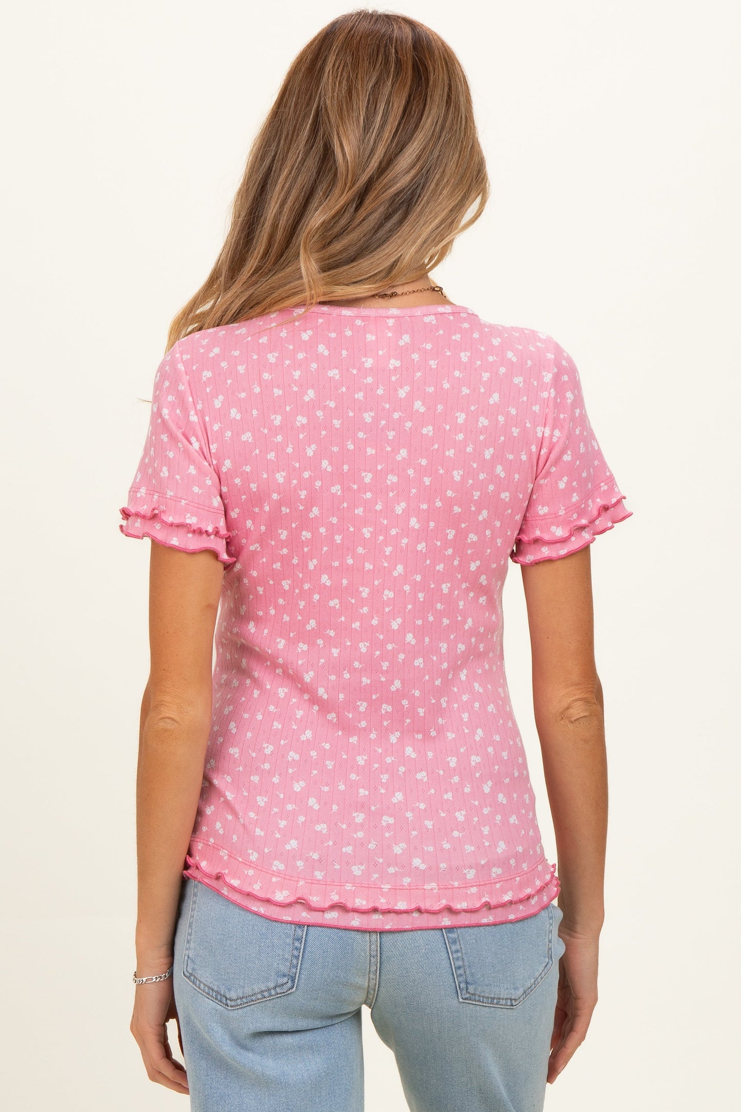 Pink Floral Ruffle Trim Maternity Henley Top