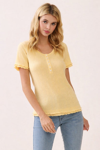 Banana Ruffle Trim Pointelle Knit Maternity Henley Top