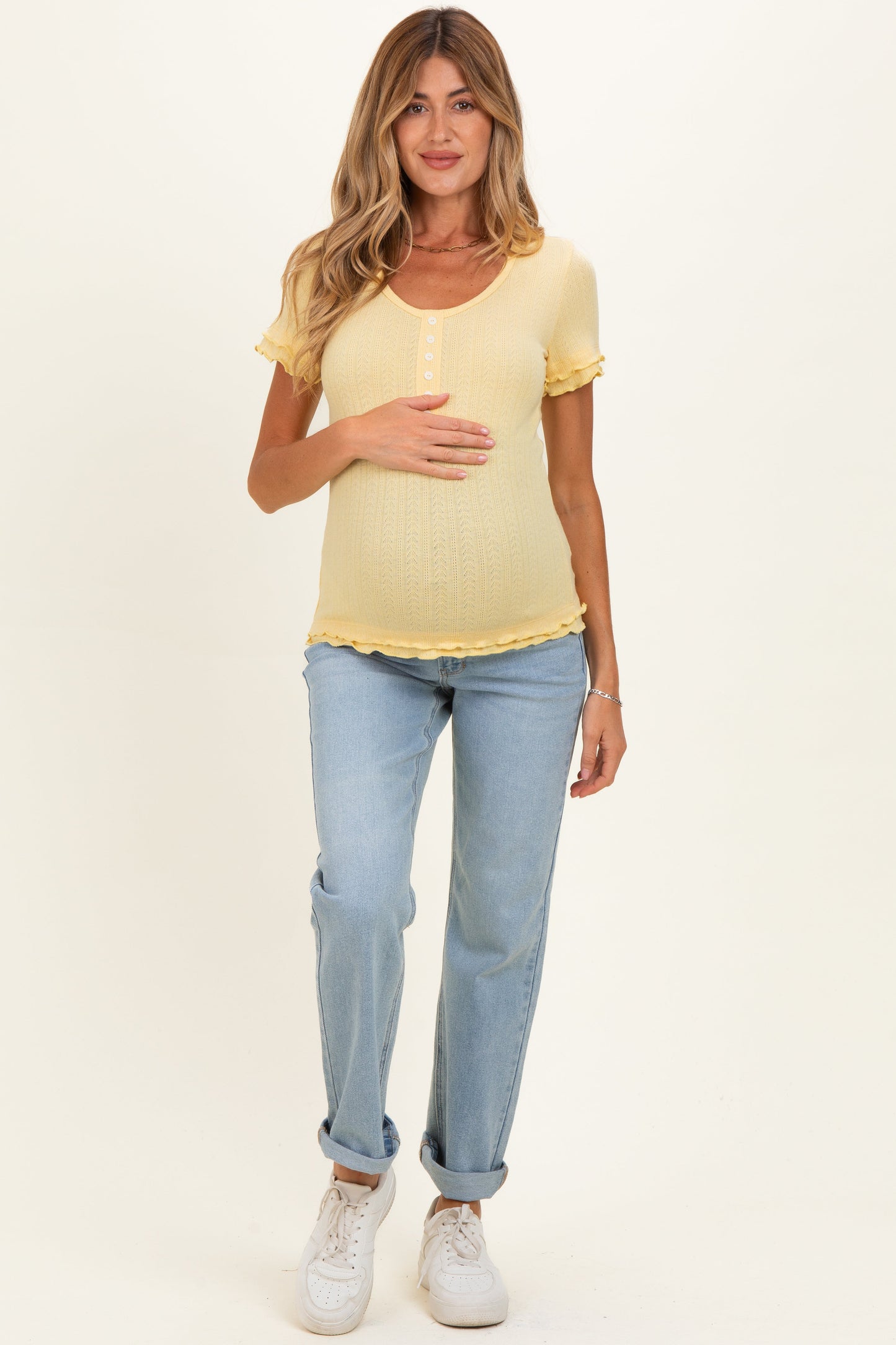 Banana Ruffle Trim Pointelle Knit Maternity Henley Top
