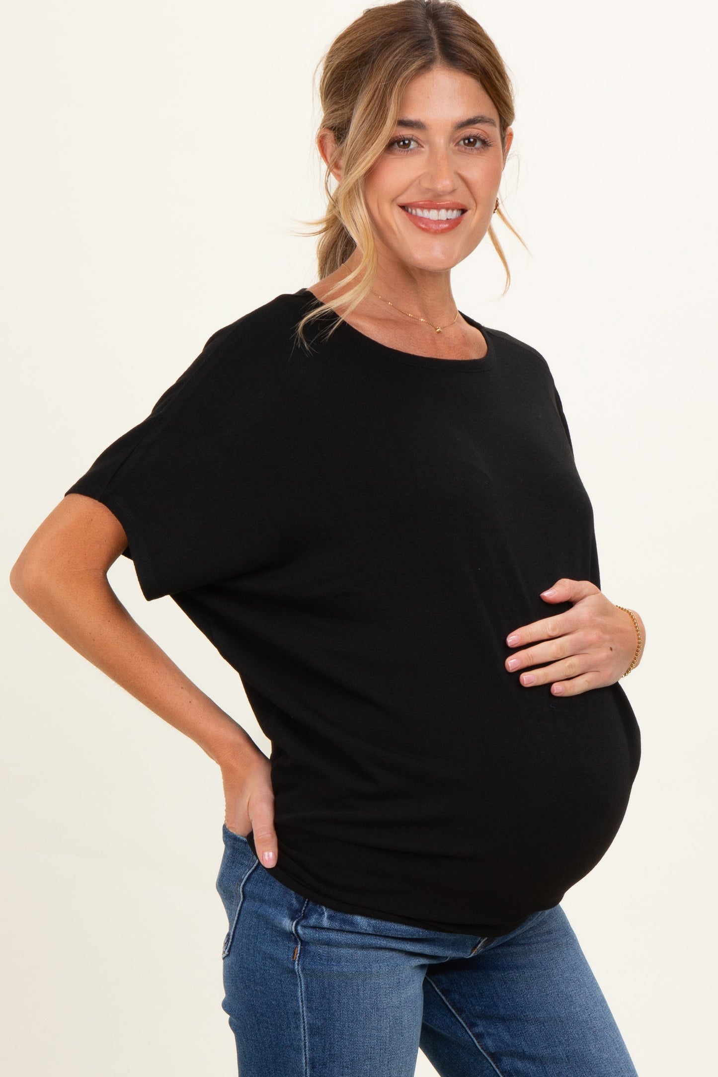 Black Dolman Sleeve Boat Neck Maternity Top