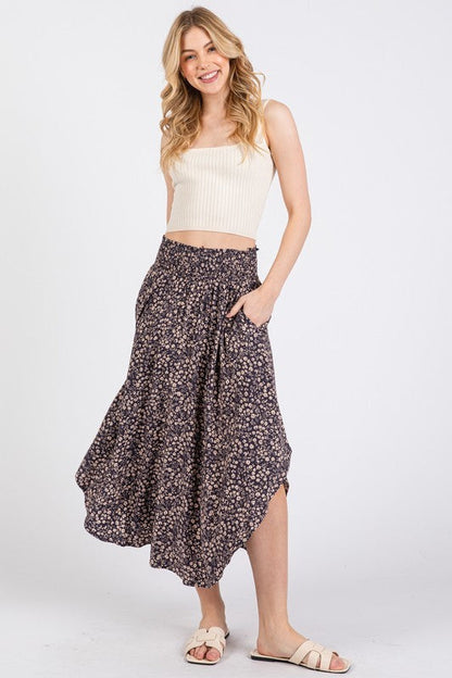 Purple Floral Smocked Waistband Round Hem Maternity Skirt