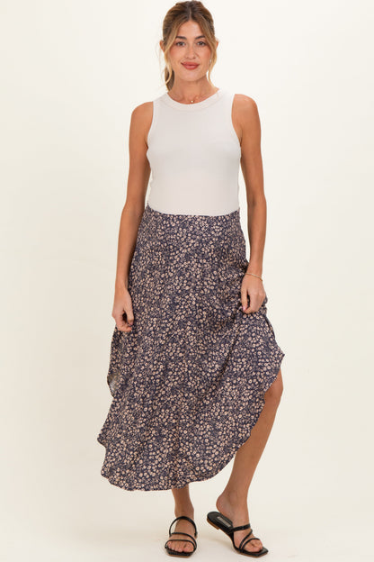 Purple Floral Smocked Waistband Round Hem Maternity Skirt