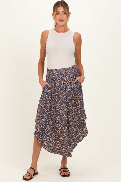 Purple Floral Smocked Waistband Round Hem Maternity Skirt
