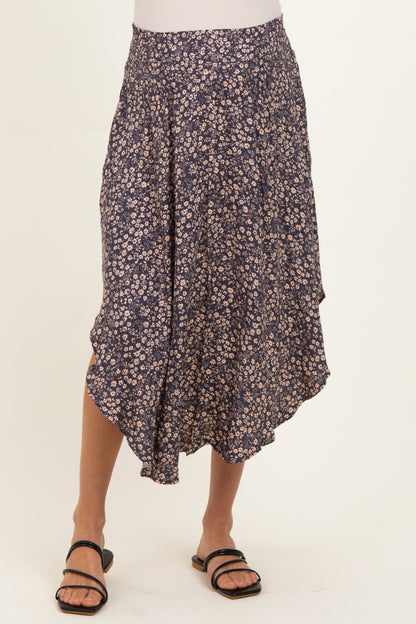 Purple Floral Smocked Waistband Round Hem Maternity Skirt