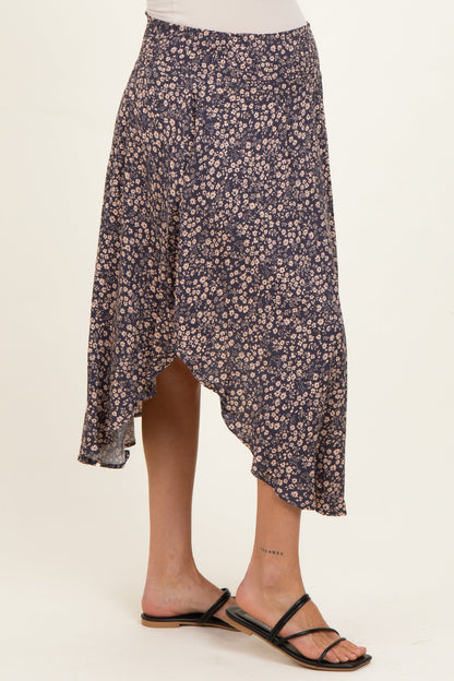 Purple Floral Smocked Waistband Round Hem Maternity Skirt