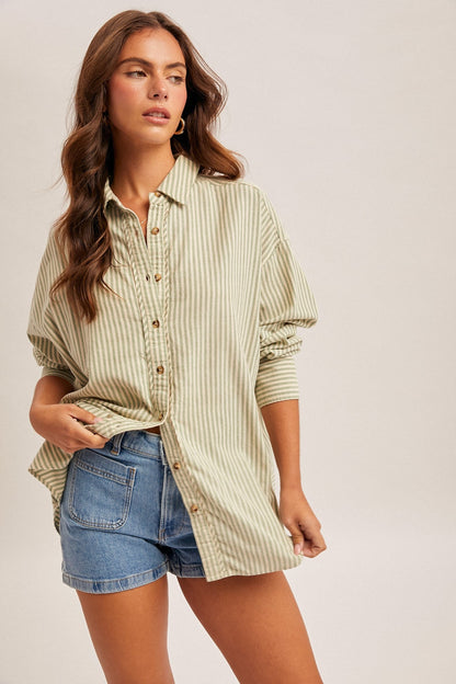 Sage Oversized Striped Button Down Long Sleeve Maternity Shirt
