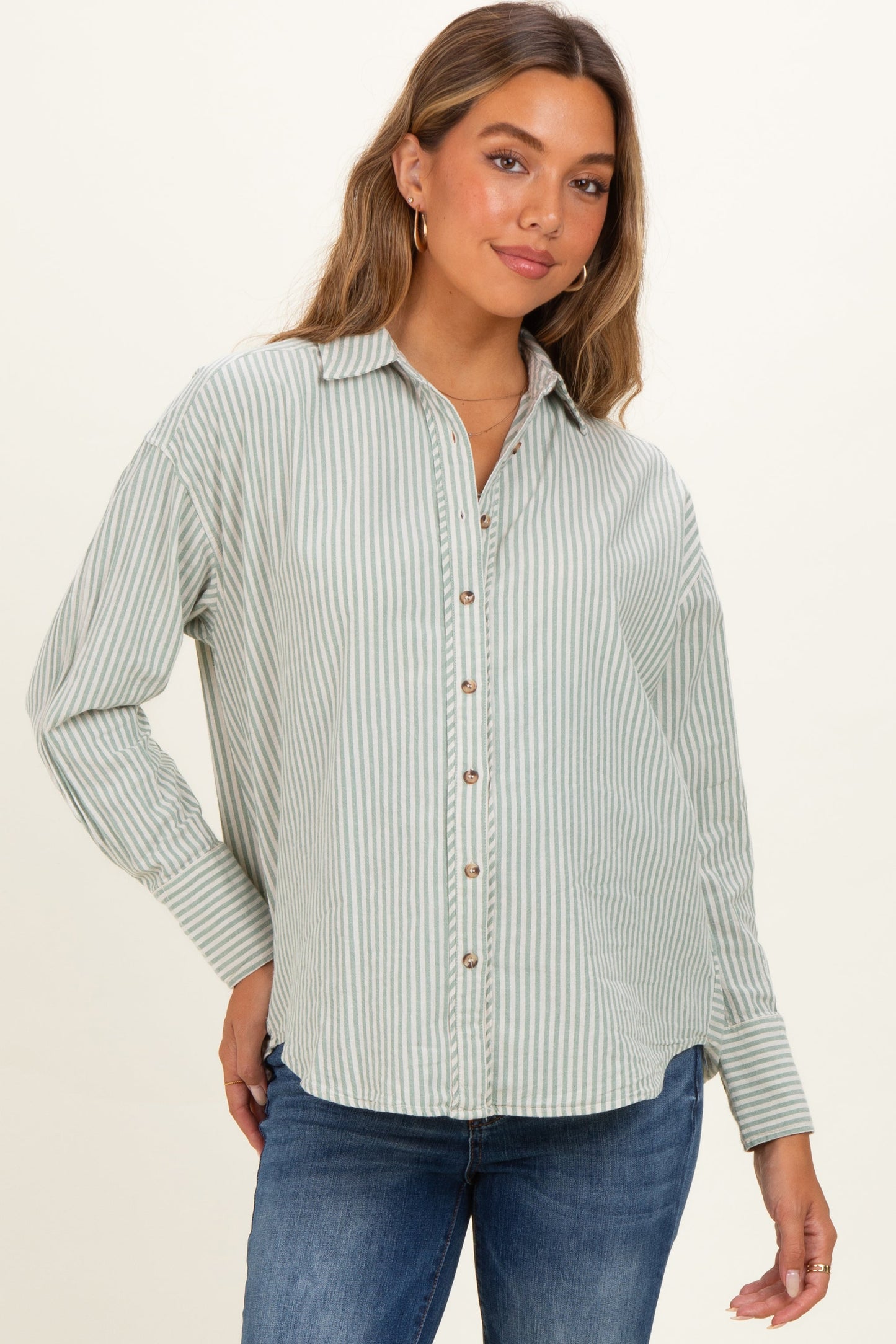 Sage Oversized Striped Button Down Long Sleeve Maternity Shirt