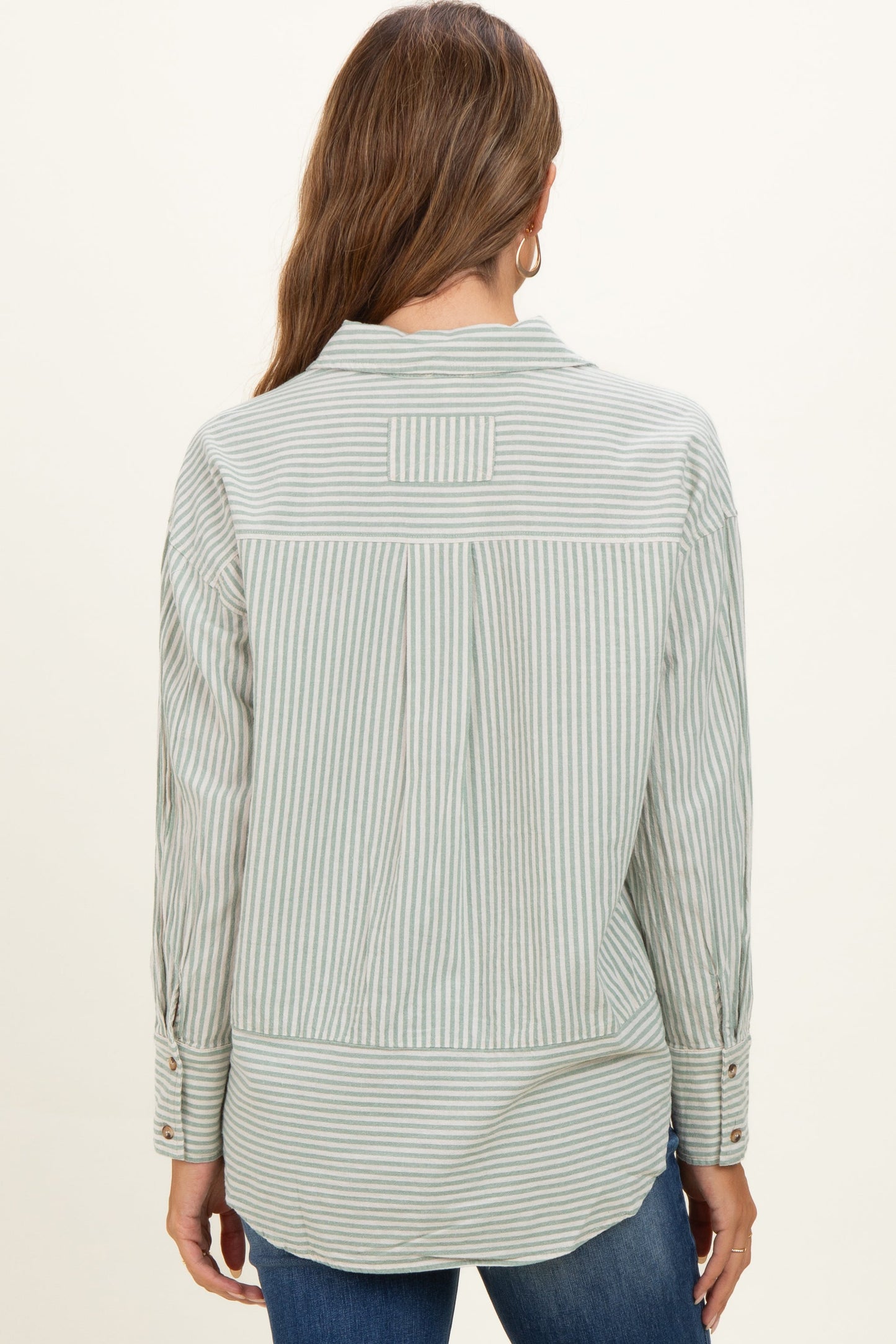 Sage Oversized Striped Button Down Long Sleeve Maternity Shirt