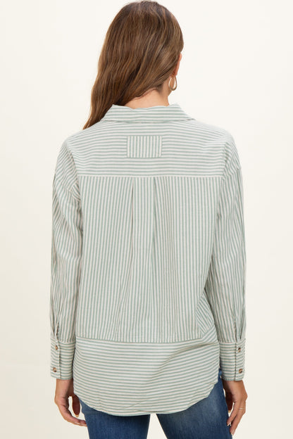 Sage Oversized Striped Button Down Long Sleeve Maternity Shirt