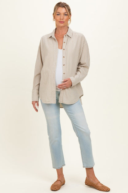Beige Oversized Striped Button Down Long Sleeve Maternity Shirt