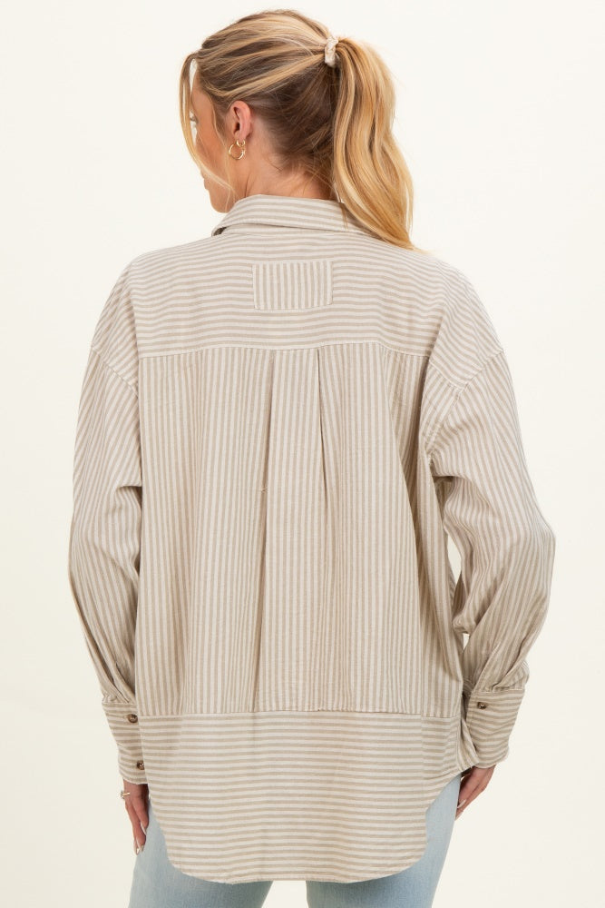 Beige Oversized Striped Button Down Long Sleeve Maternity Shirt