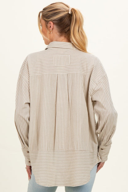 Beige Oversized Striped Button Down Long Sleeve Maternity Shirt