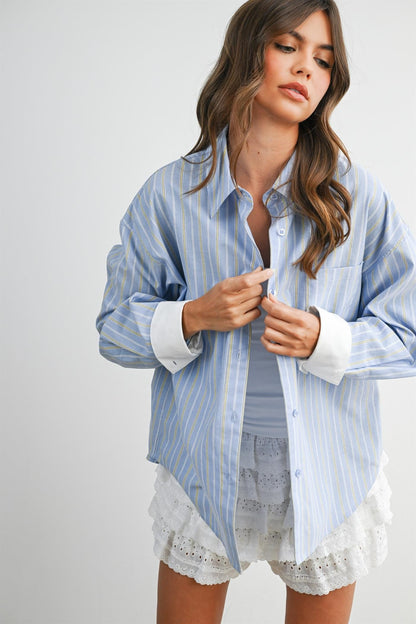 Blue Striped Long Sleeve Button Down Maternity Shirt
