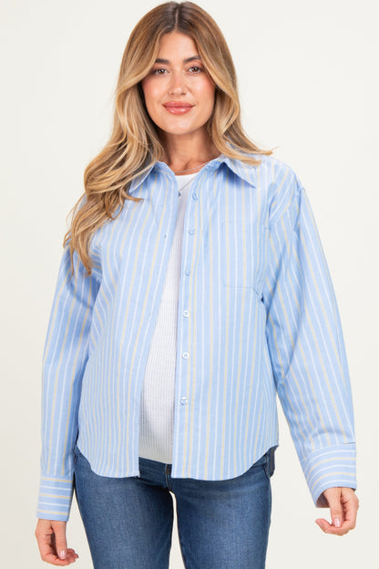 Blue Striped Long Sleeve Button Down Maternity Shirt