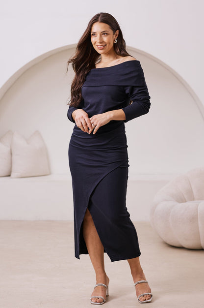 Megan Off Shoulder Midi Dress Navy