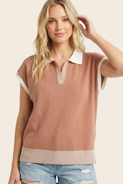 Rust Stripe Trim Maternity Collared Top