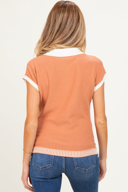 Rust Stripe Trim Maternity Collared Top