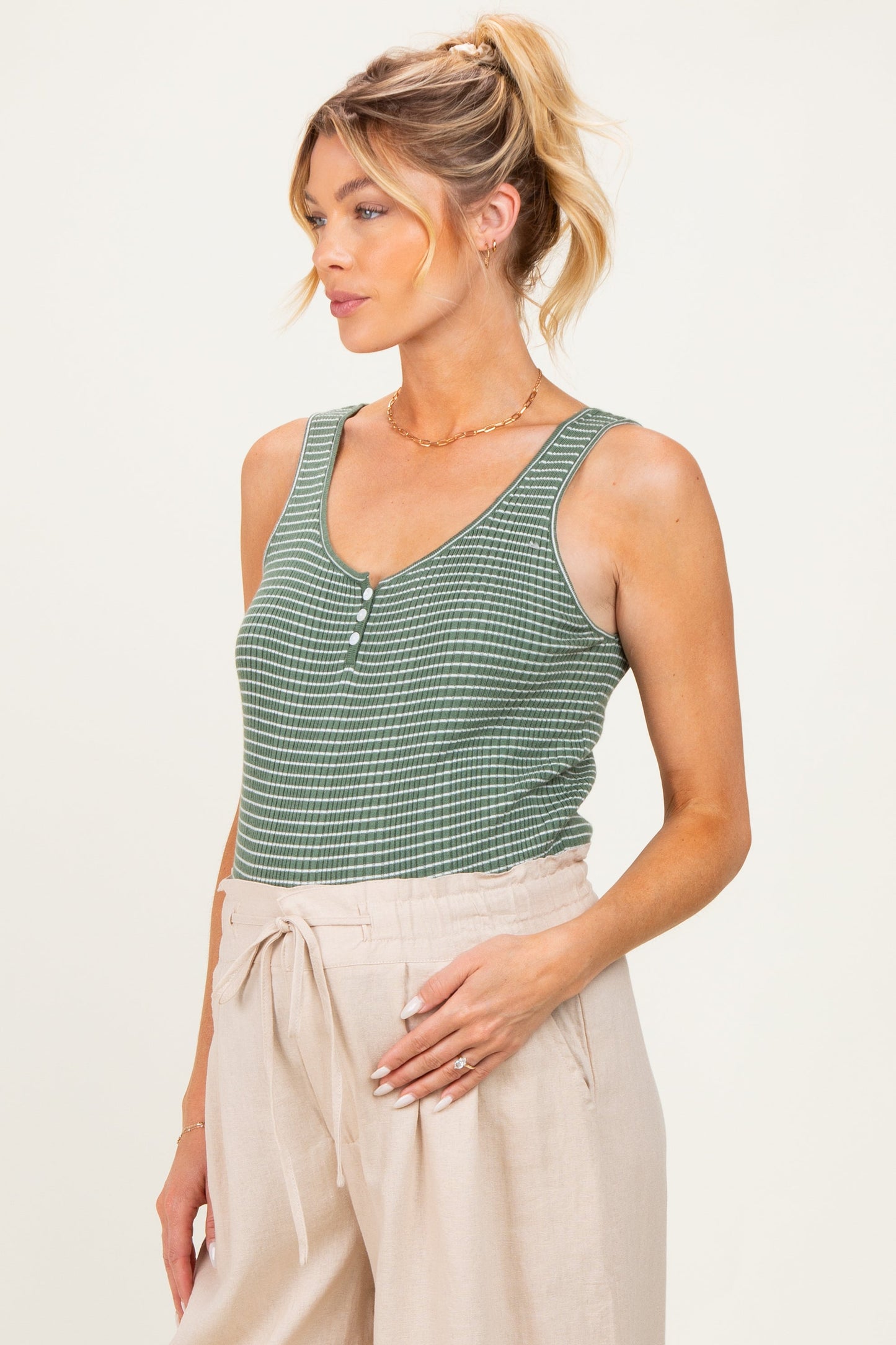 Olive Striped Knit Button Maternity Tank