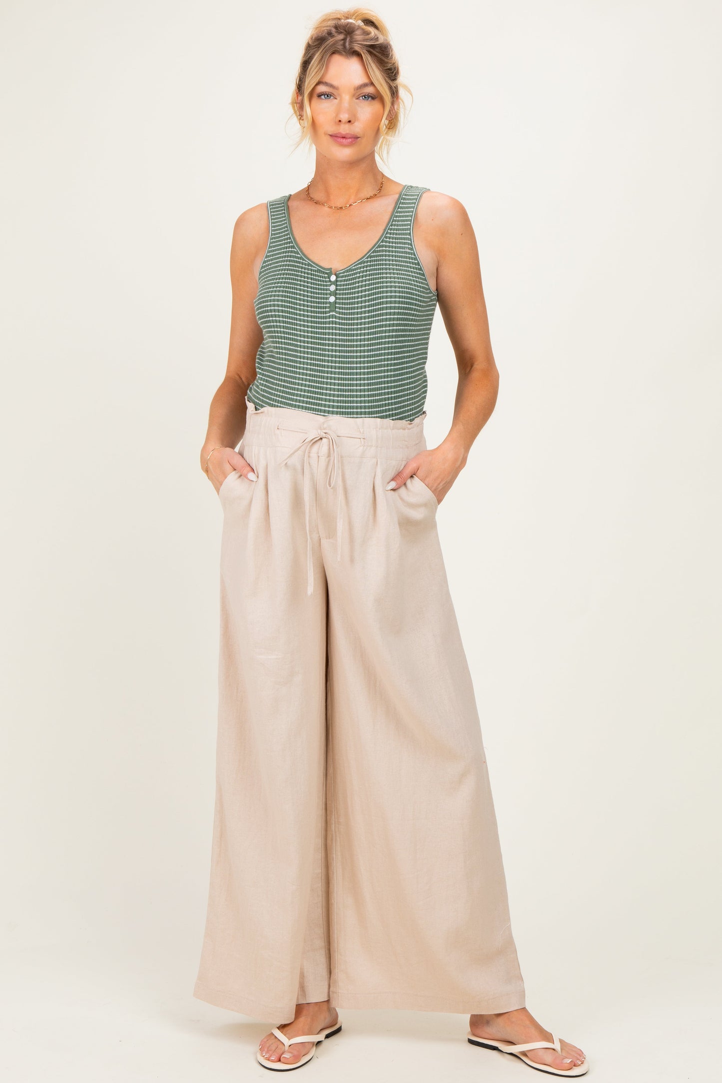 Olive Striped Knit Button Maternity Tank