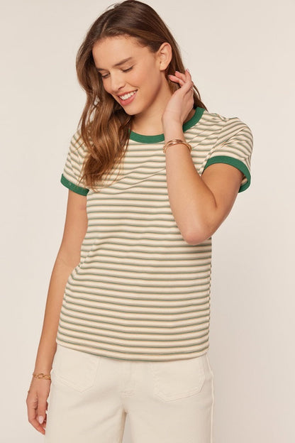 Green Striped Ribbed Knit Maternity T-Shirt