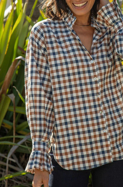 Jane Gingham Long Sleeve Top Navy and Brown