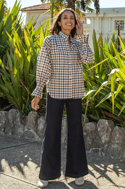 Jane Gingham Long Sleeve Top Navy and Brown