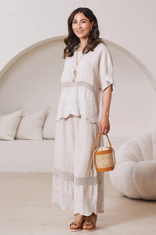 Milania Wide Leg Linen Crochet Pants in Oatmeal