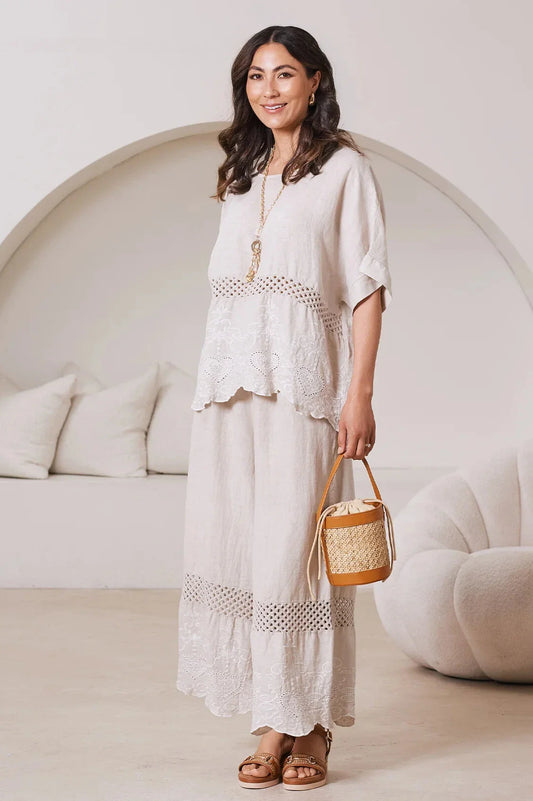 Milania Wide Leg Linen Crochet Pants in Oatmeal