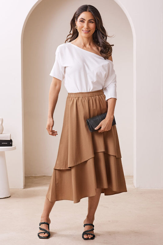 Vivian Flared Tiered Midi Skirt Camel