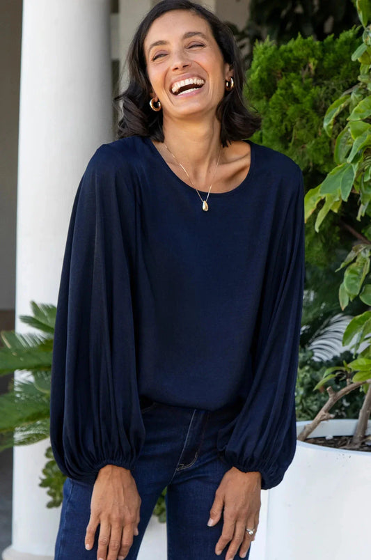 Sophia Round Neck Long Sleeve Top Navy