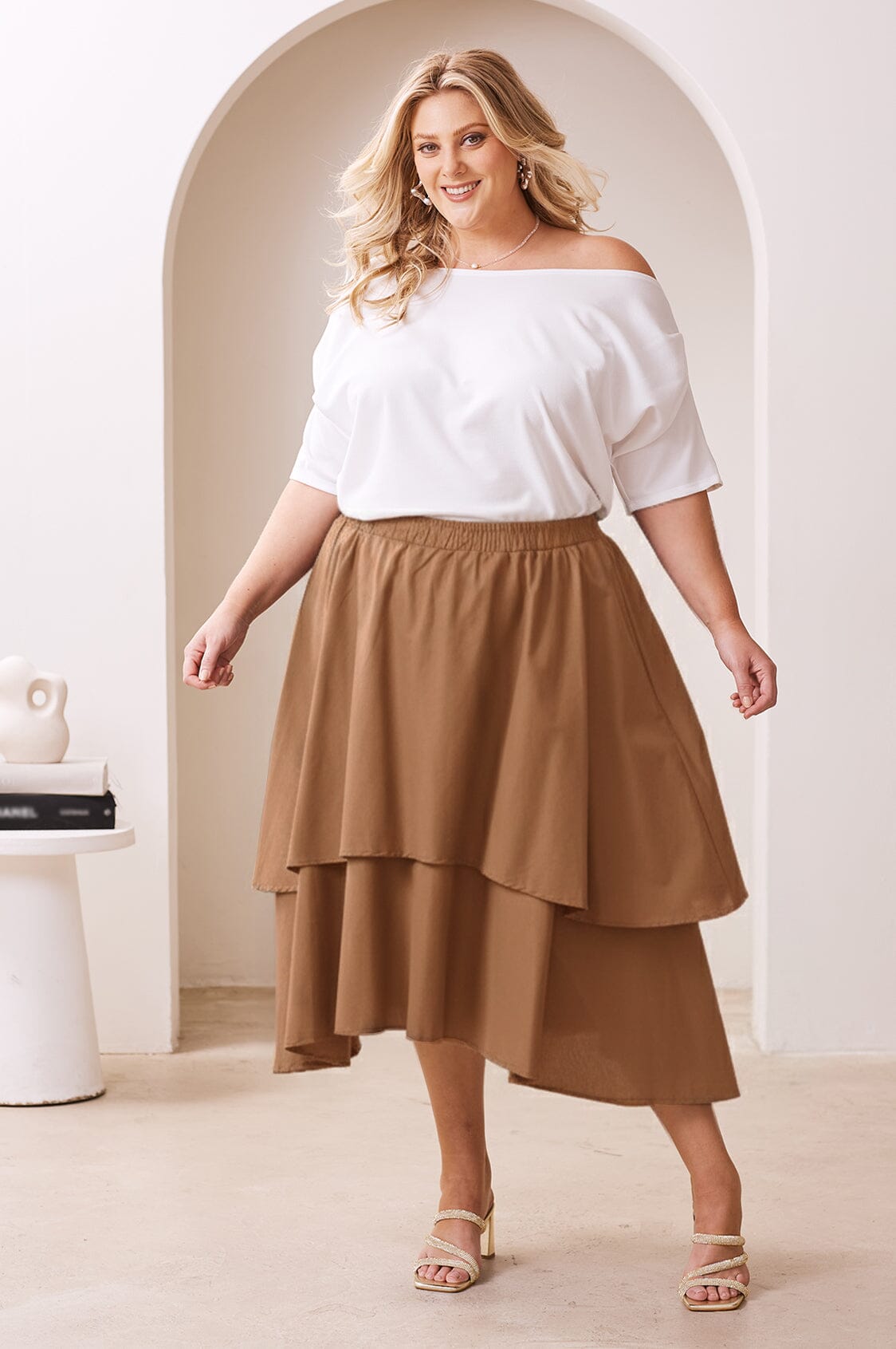 Vivian Flared Tiered Midi Skirt Camel